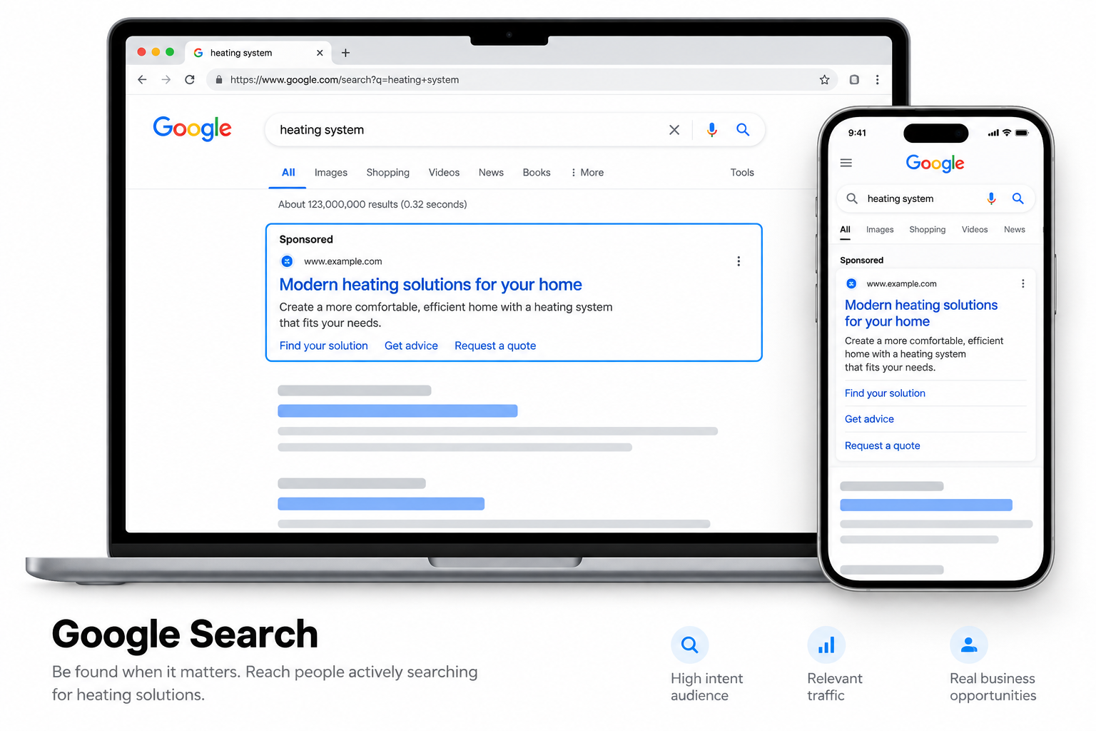 Nazoren prikaz Google Search oglasa na računalniku in telefonu